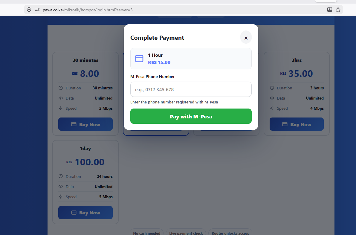 Tajira M-Pesa checkout and package payment flow